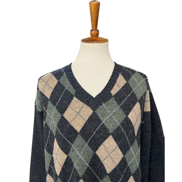 Vintage J.Crew 100% Lambswool Knit V-Neck Argyle Sweater Size XL - Picture 2 of 6